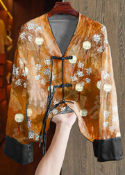 Loose Green flowers V Neck Embroidered Button Silk Shirts Spring