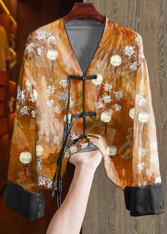 Loose Green flowers V Neck Embroidered Button Silk Shirts Spring