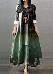 Women Long Sleeve Double Layers Button Asymmetric Vintage Maxi Dress