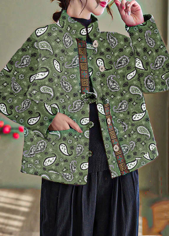 Elegant White-Crane Print Pockets Cotton Filled Parka Winter