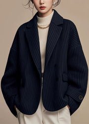 French Black Notched Striped Button Spandex Coats Spring