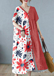 Plus Size Green bamboo Retro Button Summer Print Half Sleeve Maxi Dress