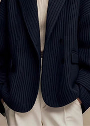 French Black Notched Striped Button Spandex Coats Spring