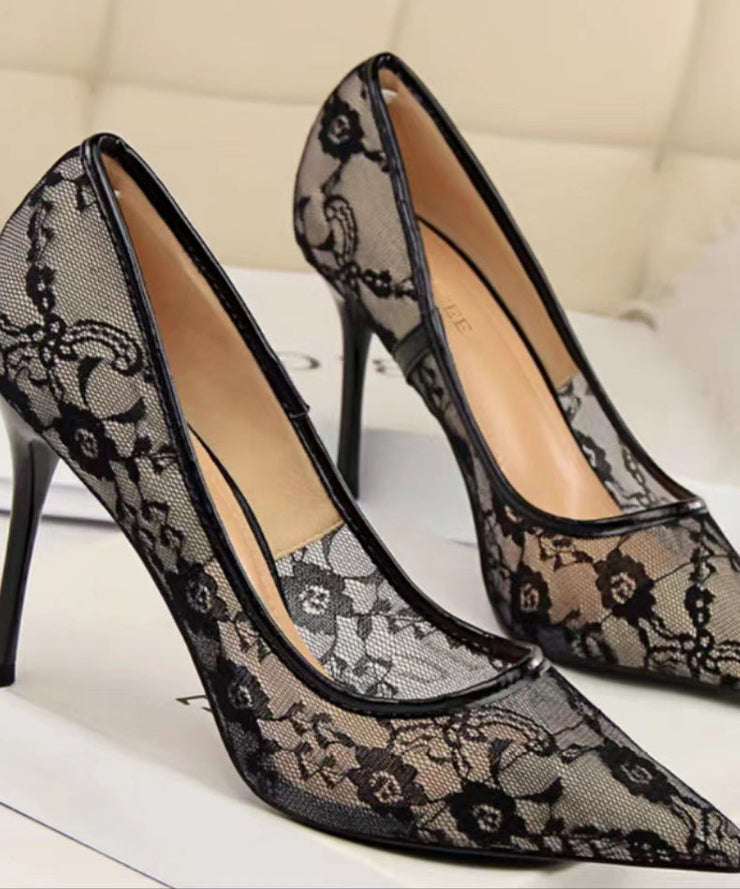 Pointed toe stiletto high heels female lace mesh sexy bed hollow single shoes 2025 spring new