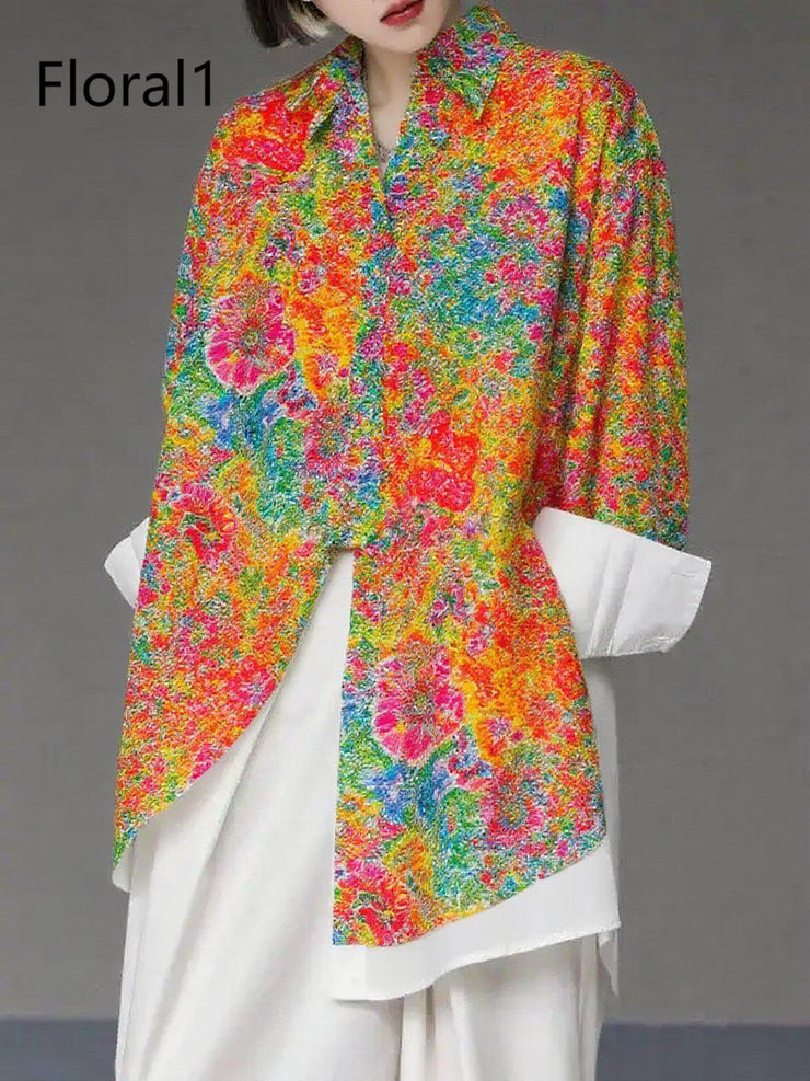 Unique Gradient Color1 Asymmetrical Design Side Open Cotton Long Shirts Spring