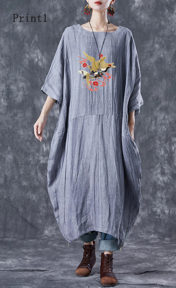 French Grey Oversized Patchwork Linen Dresses Batwing Sleeve
