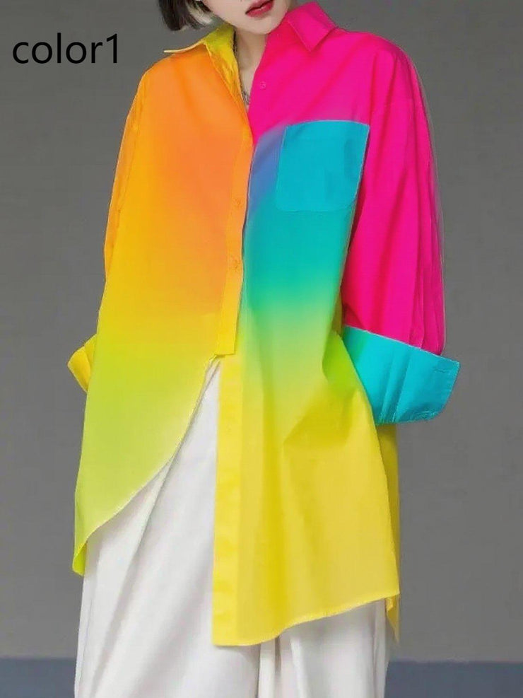 Unique Gradient Color1 Asymmetrical Design Side Open Cotton Long Shirts Spring
