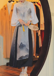 2025 Autumn New Chinese Landscape Printing Stand Collar Two Piece Set