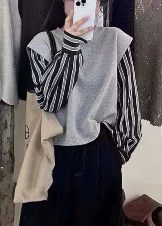 2025 New Grey Fake Two Piece Spliced Stripe Top Autumn