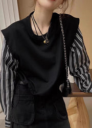 2025 New Grey Fake Two Piece Spliced Stripe Top Autumn