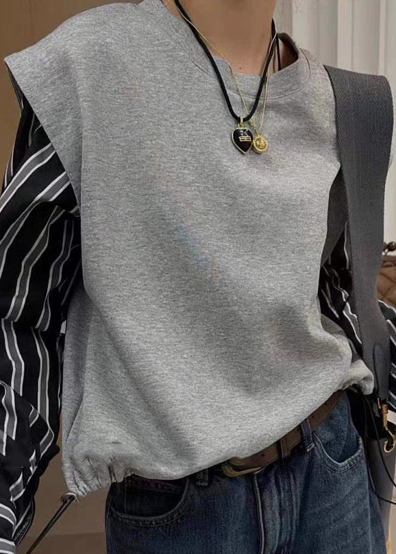 2025 New Grey Fake Two Piece Spliced Stripe Top Autumn