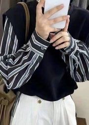 2025 New Grey Fake Two Piece Spliced Stripe Top Autumn