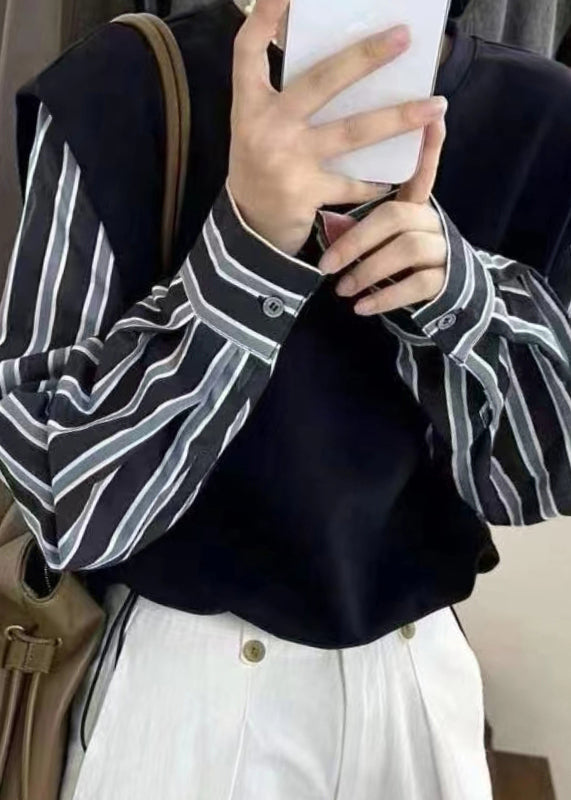 2025 New Grey Fake Two Piece Spliced Stripe Top Autumn