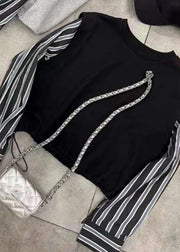 2025 New Grey Fake Two Piece Spliced Stripe Top Autumn