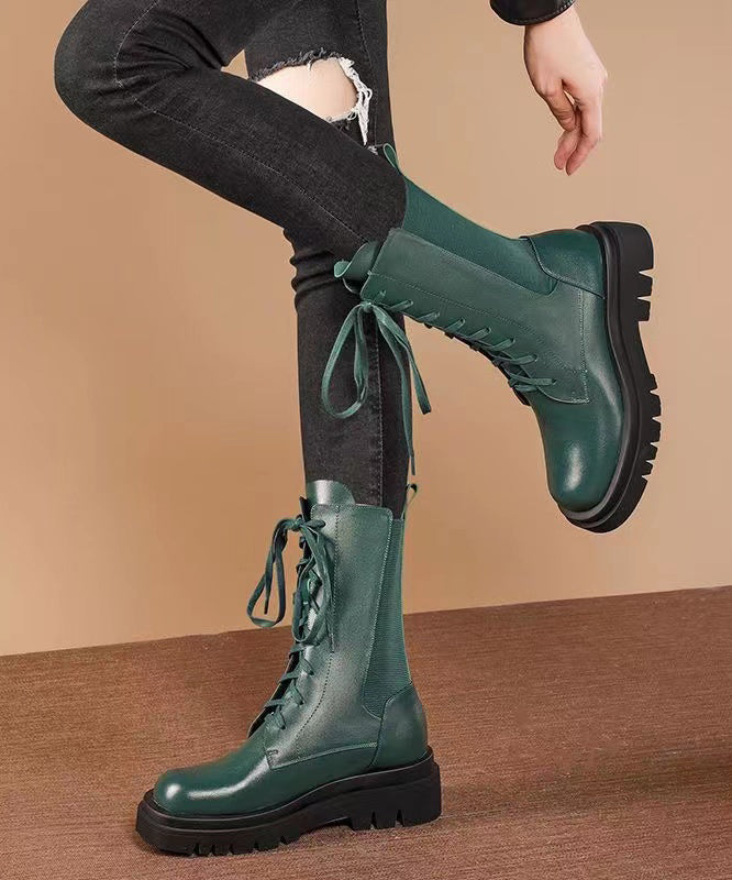 2025 Splicing Platform Boots Green Cowhide Leather Cross Strap
