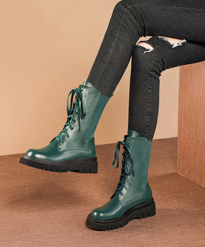 2025 Splicing Platform Boots Green Cowhide Leather Cross Strap