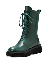 2025 Splicing Platform Boots Green Cowhide Leather Cross Strap