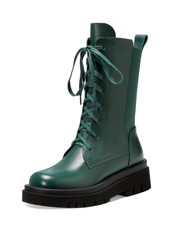 2025 Splicing Platform Boots Green Cowhide Leather Cross Strap