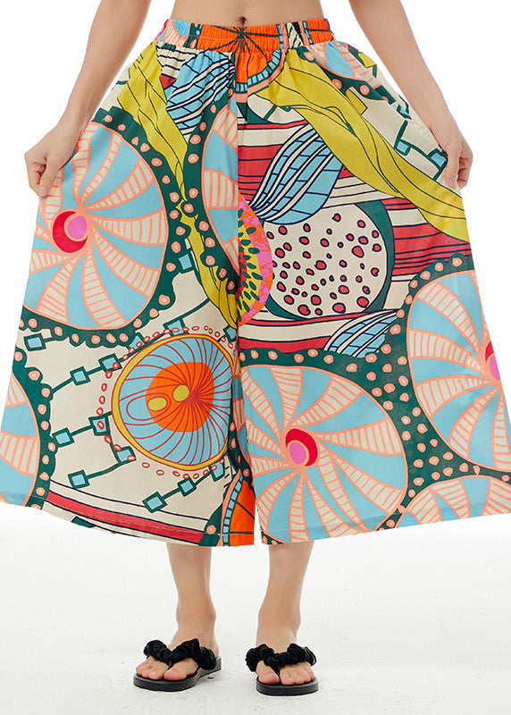 2025 White Print Elastic Waist Cotton Crop Pants Summer