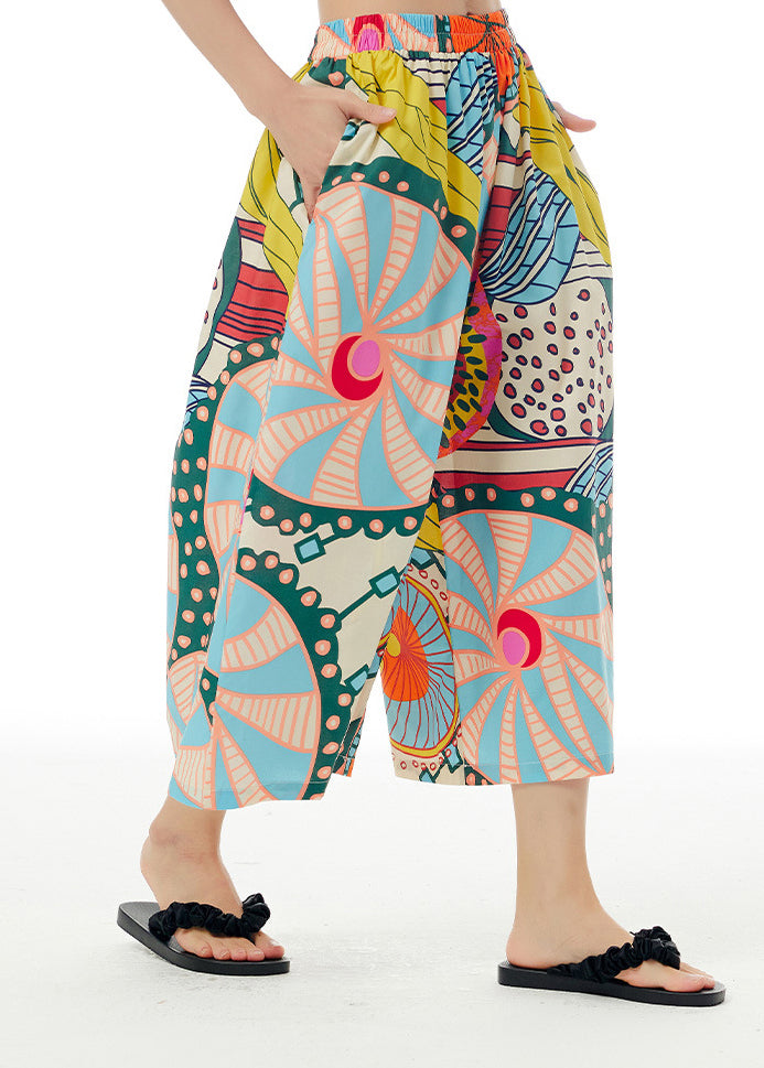 2025 White Print Elastic Waist Cotton Crop Pants Summer