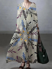 Ivory-purple flowerSimple and Loose V-neck Cotton and Linen Dress