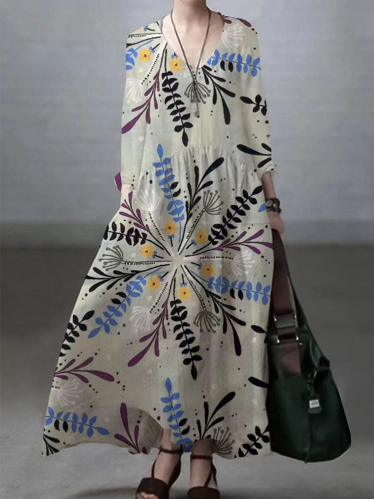 Ivory-purple flowerSimple and Loose V-neck Cotton and Linen Dress