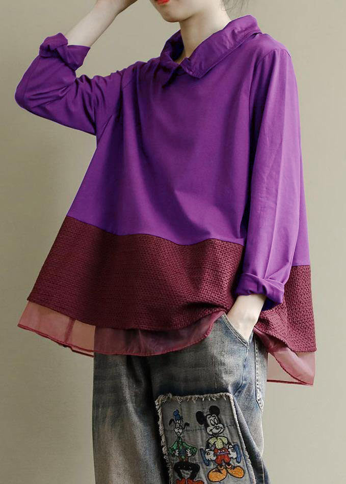 Plus Size Purple Tops Lapel Patchwork Clothes Pattern