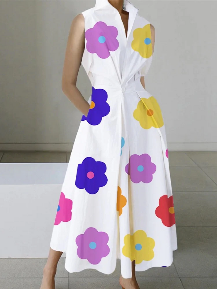 2025 White-big flower Peter Pan Collar Pockets Cotton Dress Long Sleeve