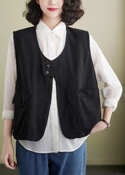 French brown Pockets Patchwork Cotton Vest Sleeveless