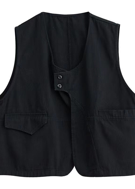 French brown Pockets Patchwork Cotton Vest Sleeveless