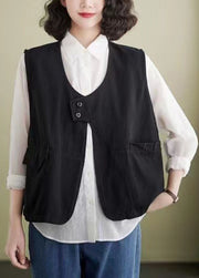 French brown Pockets Patchwork Cotton Vest Sleeveless