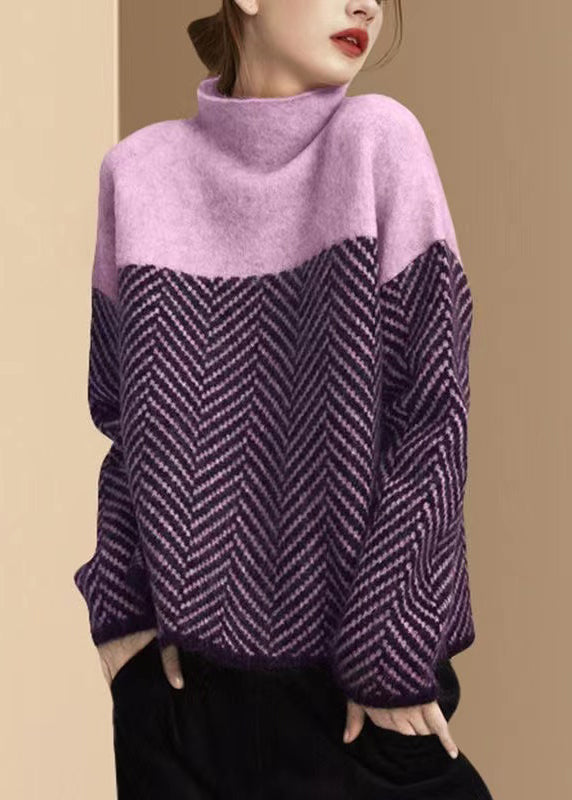 Fashion Navy Turtle Neck Patchwork Knit Pullover Winter