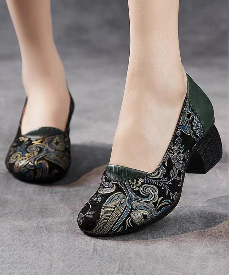 2025 New Retro Green Embossed Chunky Heels