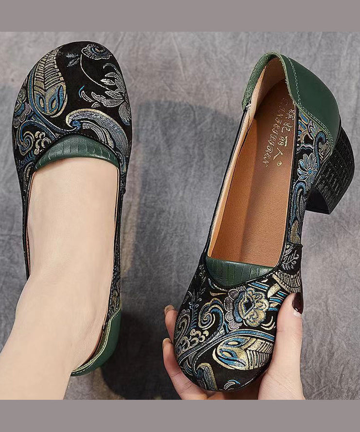 2025 New Retro Green Embossed Chunky Heels