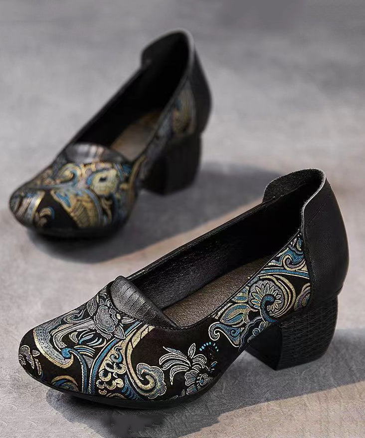 2025 New Retro Green Embossed Chunky Heels