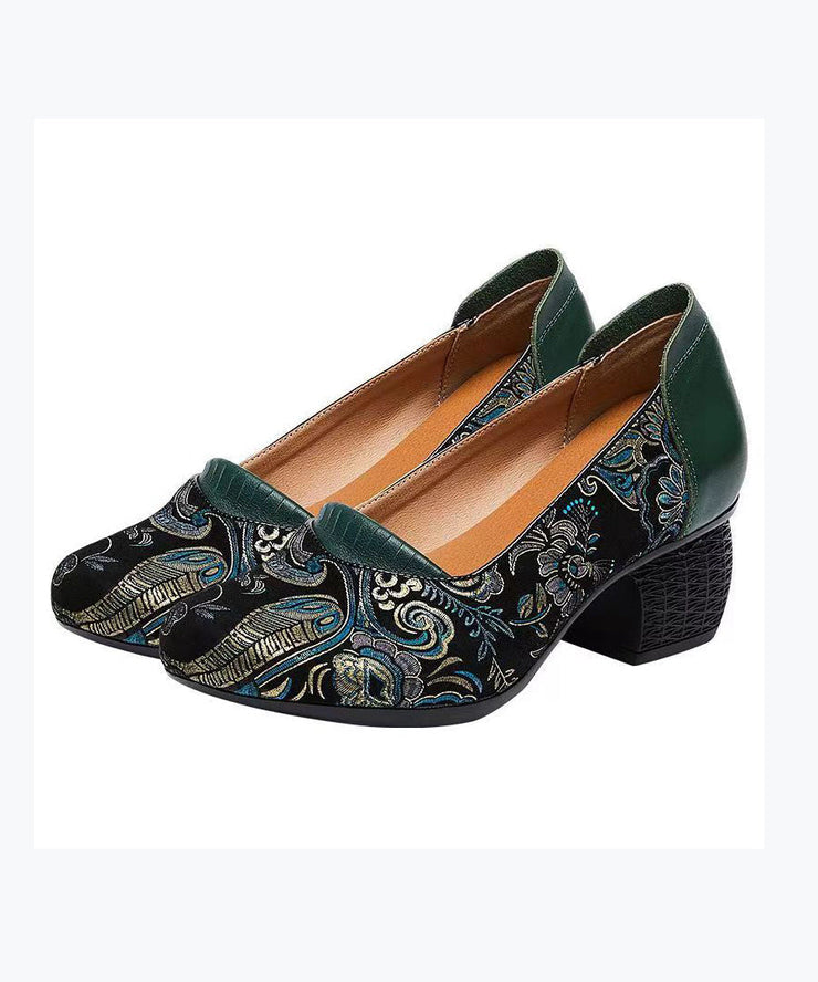 2025 New Retro Green Embossed Chunky Heels