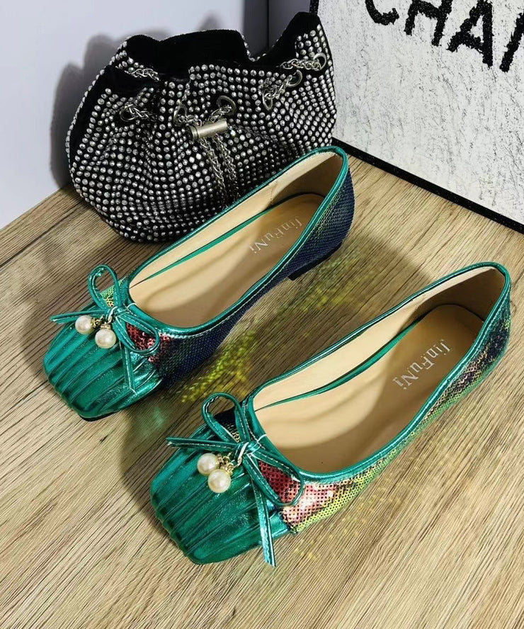 2025 Pearl Bow Wrinkled Square Head Flats Shoes
