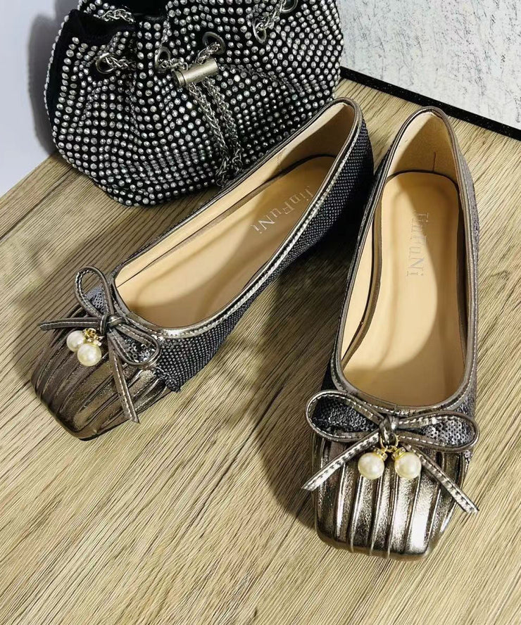 2025 Pearl Bow Wrinkled Square Head Flats Shoes