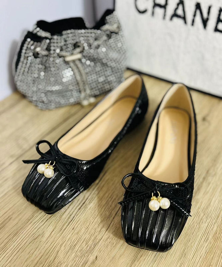 2025 Pearl Bow Wrinkled Square Head Flats Shoes