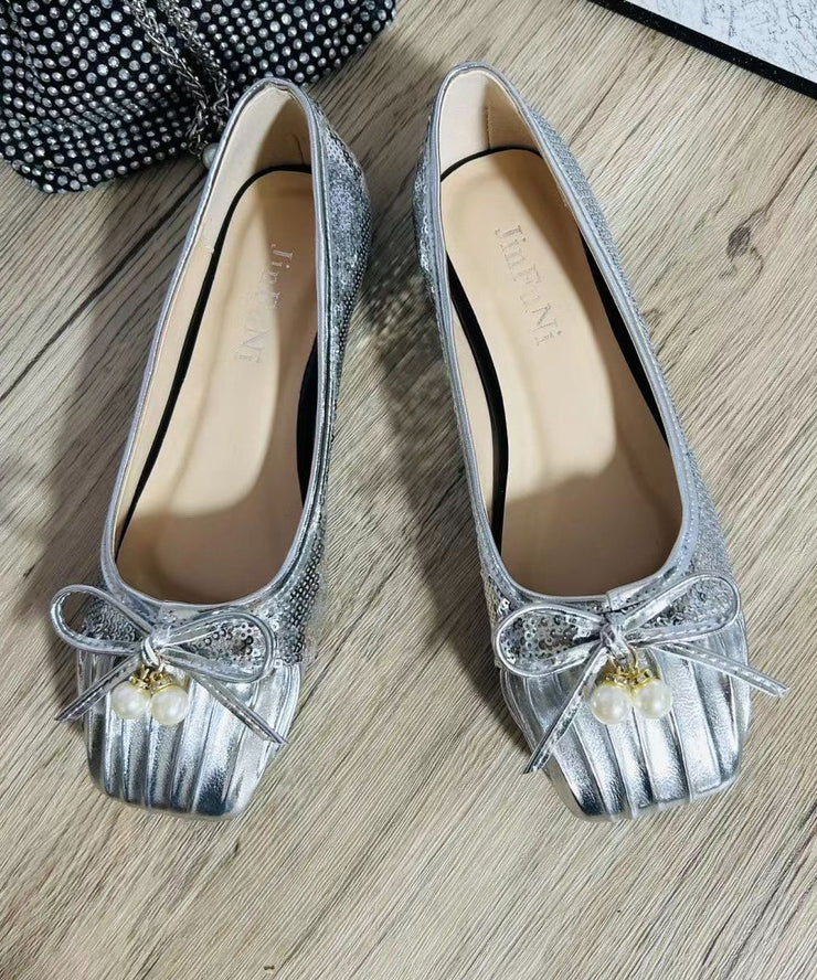 2025 Pearl Bow Wrinkled Square Head Flats Shoes