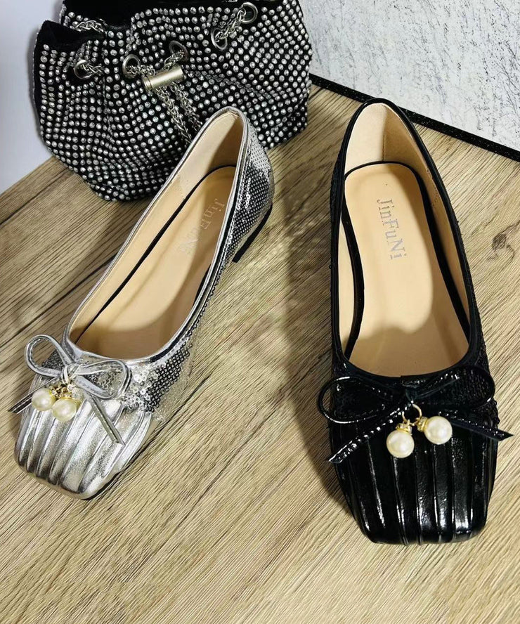 2025 Pearl Bow Wrinkled Square Head Flats Shoes