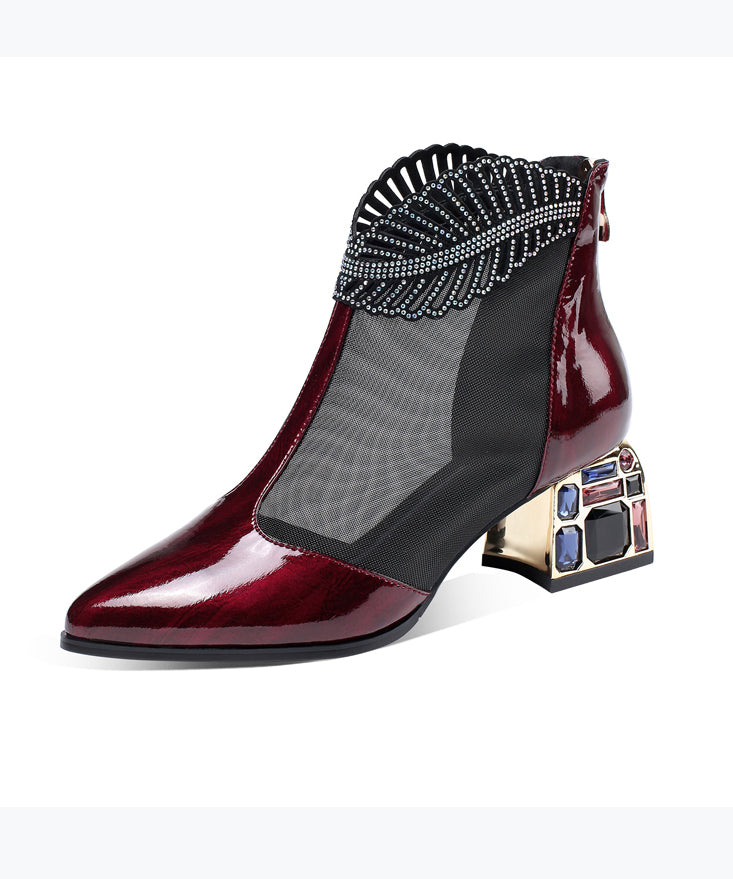 2025 Spring Summer Chunky Heel Mesh Water Diamond Boots
