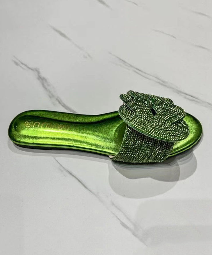 2025 Summer Boutique Fashion Green Slide Sandals Zircon