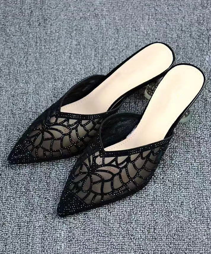 2025 Summer New Gold Hollow Out Zircon Pointed Toe Slide Sandals