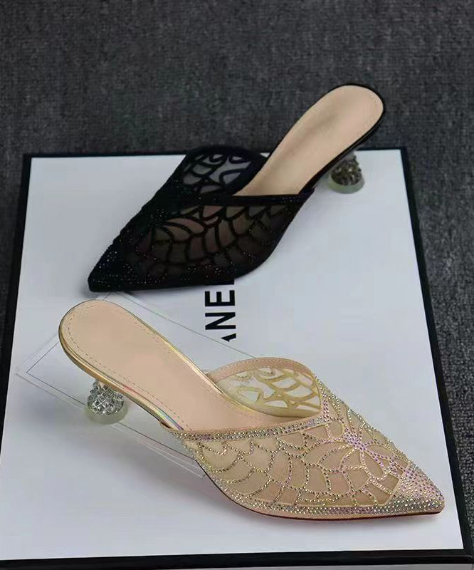 2025 Summer New Gold Hollow Out Zircon Pointed Toe Slide Sandals