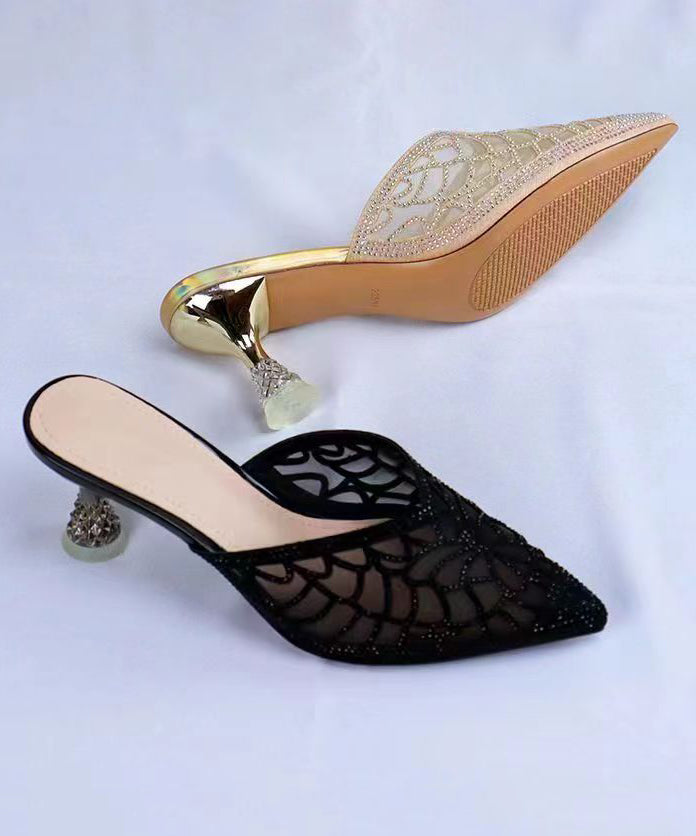 2025 Summer New Gold Hollow Out Zircon Pointed Toe Slide Sandals