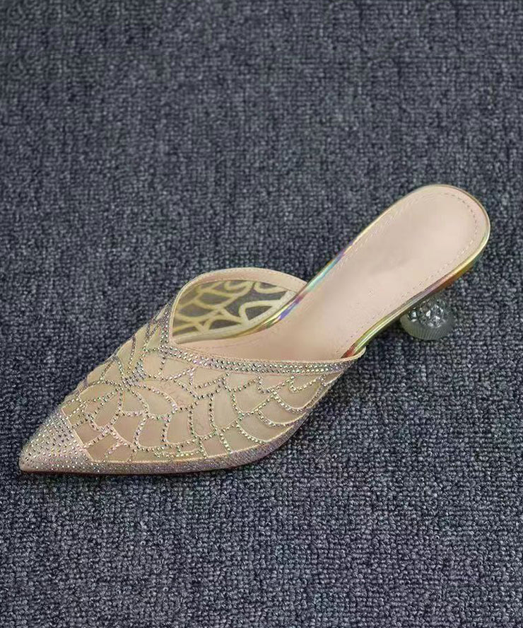 2025 Summer New Gold Hollow Out Zircon Pointed Toe Slide Sandals