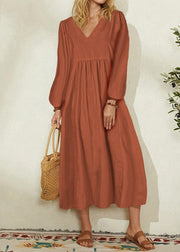 2025 Women's Orange Cotton Linen Loose Balloon Sleeve Dress