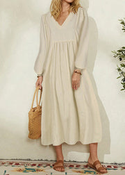2025 Women's Orange Cotton Linen Loose Balloon Sleeve Dress