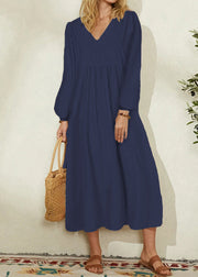 2025 Women's Orange Cotton Linen Loose Balloon Sleeve Dress